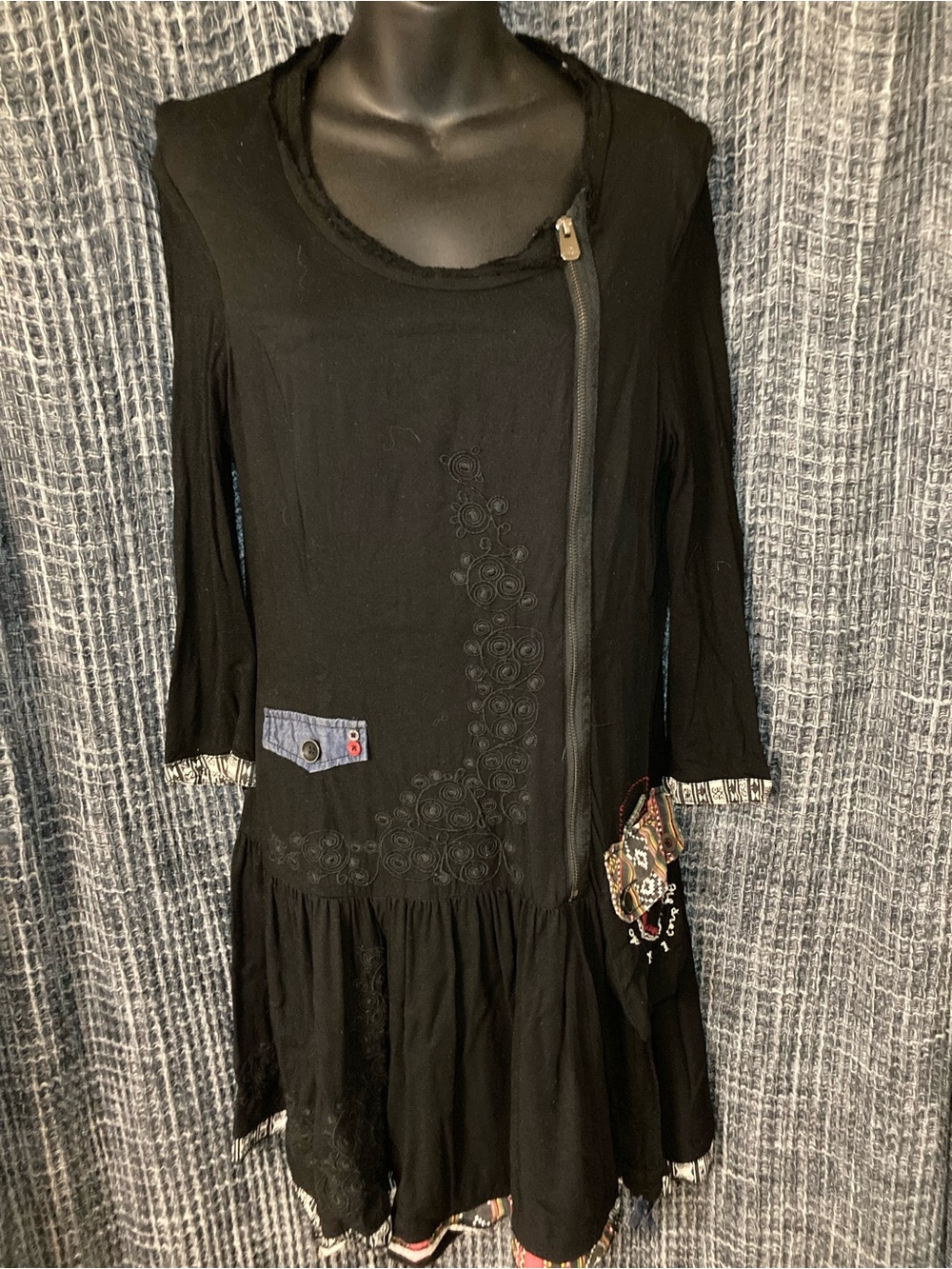 Black Embroidered Zip-Front Tunic Dress